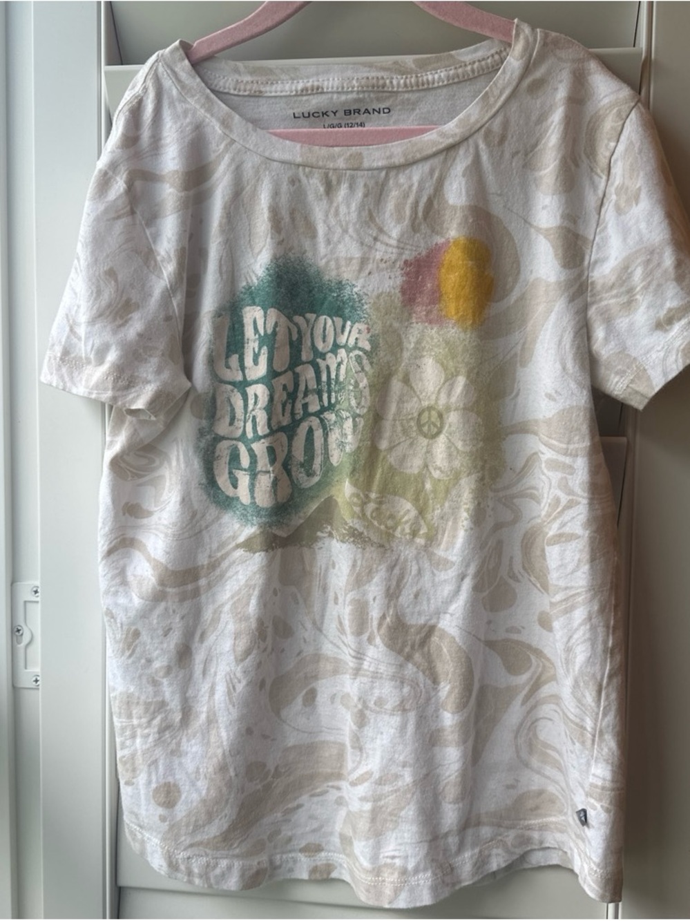 Lucky Brand White Tee with Teal, Yellow & Light Green Graphic